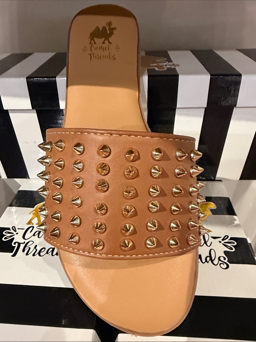 Camel Threads Women's Tan Studded Slide Sandals